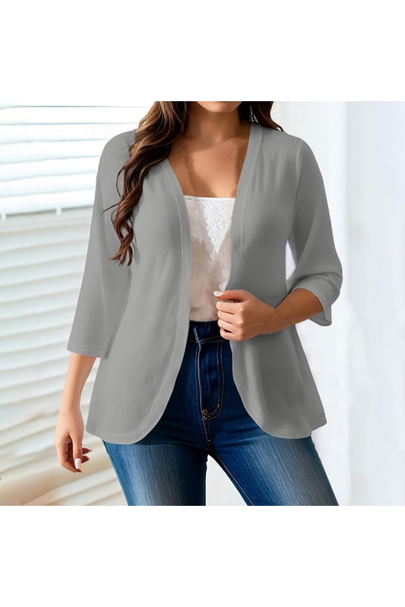 Womens Plus Size Lightweight Cardigans 3/4 Sleeve Open Front Sweaters Fall Daily Wear Cover Ups Dark Gray 3XL