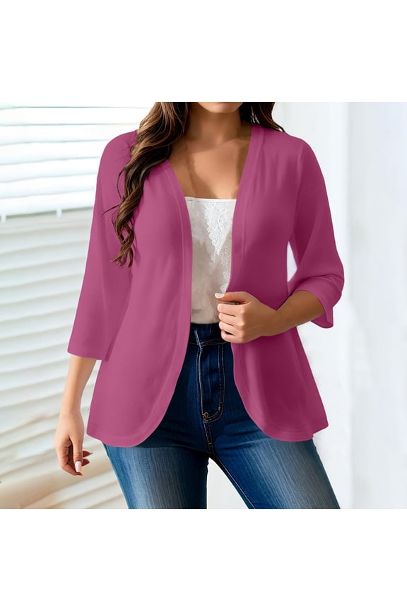 Womens Plus Size Lightweight Cardigans 3/4 Sleeve Open Front Sweaters Fall Daily Wear Cover Ups Hot Pink 3XL