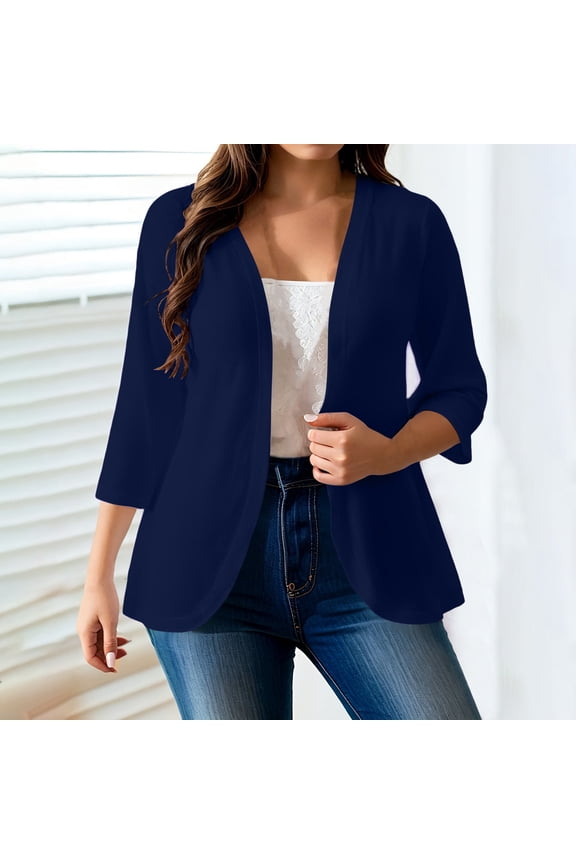 Womens Plus Size Lightweight Cardigans 3/4 Sleeve Open Front Sweaters Fall Daily Wear Cover Ups Navy 4XL