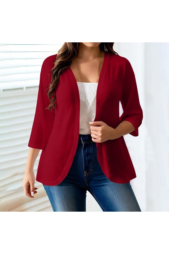 Womens Plus Size Lightweight Cardigans 3/4 Sleeve Open Front Sweaters Fall Daily Wear Cover Ups Red 3XL