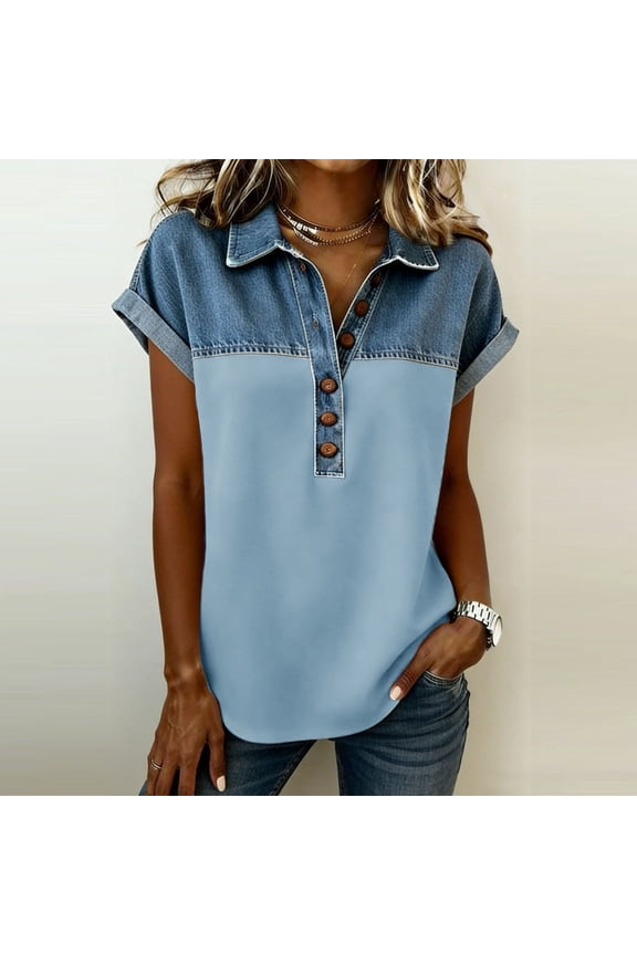 Womens Plus Size Shirts Patchwork Denim Print Tops Rolled Short Sleeve Button Up Lapel Blouses Light Blue 2XL