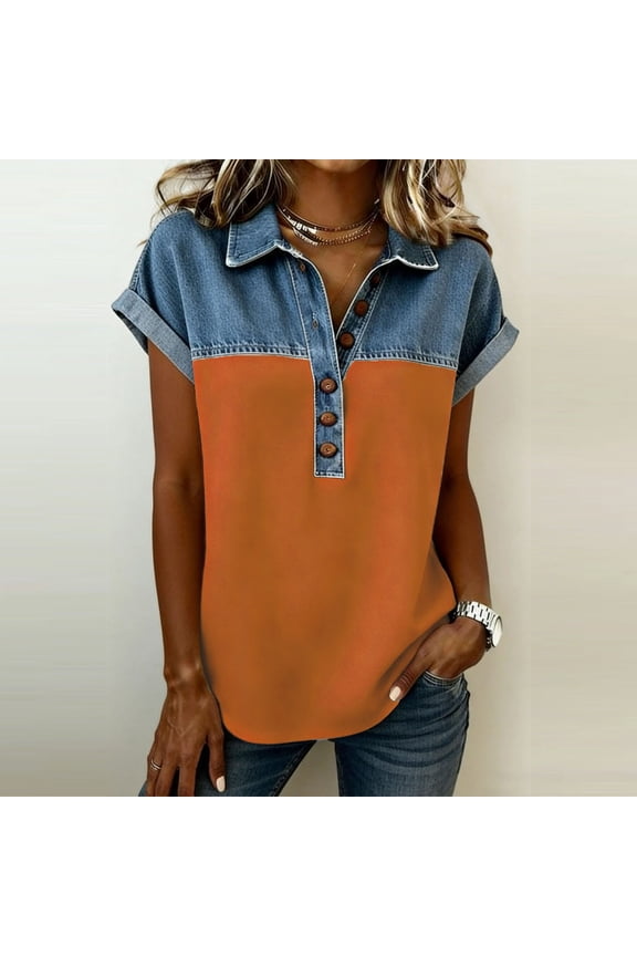 Womens Plus Size Shirts Patchwork Denim Print Tops Rolled Short Sleeve Button Up Lapel Blouses Orange S