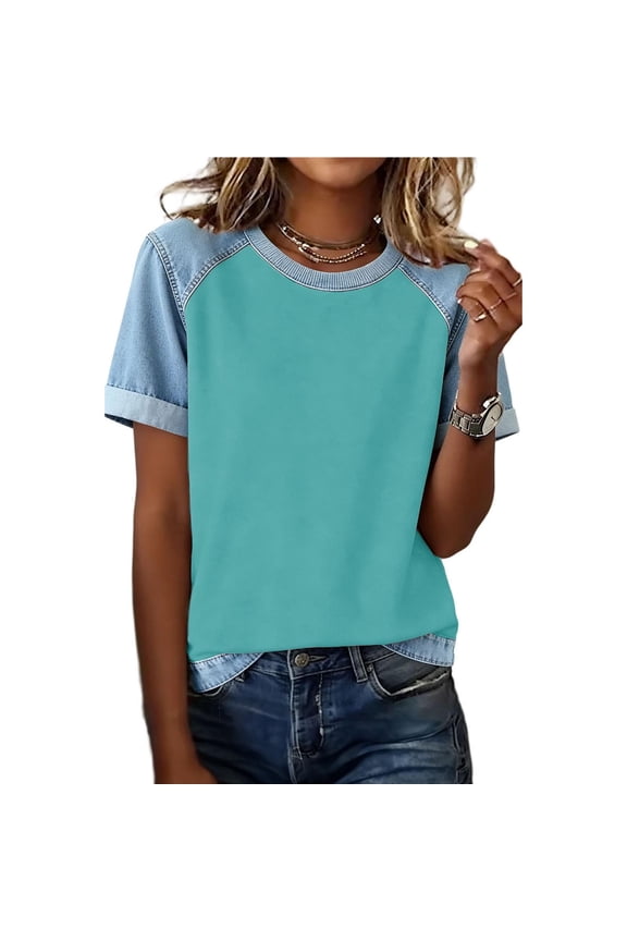 Womens Plus Size Short Sleeve Tops Patchwork Denim Raglan T-Shirts Casual Crew Neck Baseball Tees Light Blue M