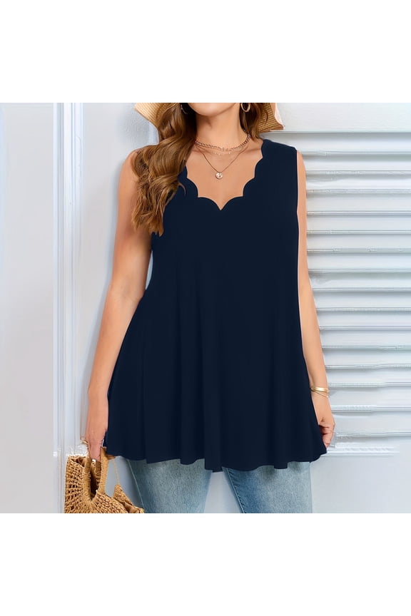 Womens Plus Size Tank Tops Seashell Edge V Neck Sleeveless Blouses Flowy Summer Travel Basic Tanks Navy 4XL