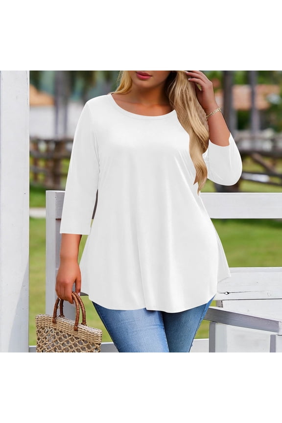 Womens Plus Size Tunic Tops for Women 3/4 Sleeve Crew Neck Swing Tees Blouses Casual Basic Tunic Shirts White 5XL