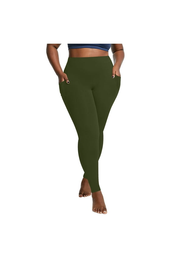 Womens Plus Size Yoga Leggings with Pockets Stretchy Quick Dry Tights Skinny Elastic Waist Workout Bottoms Army Green XL