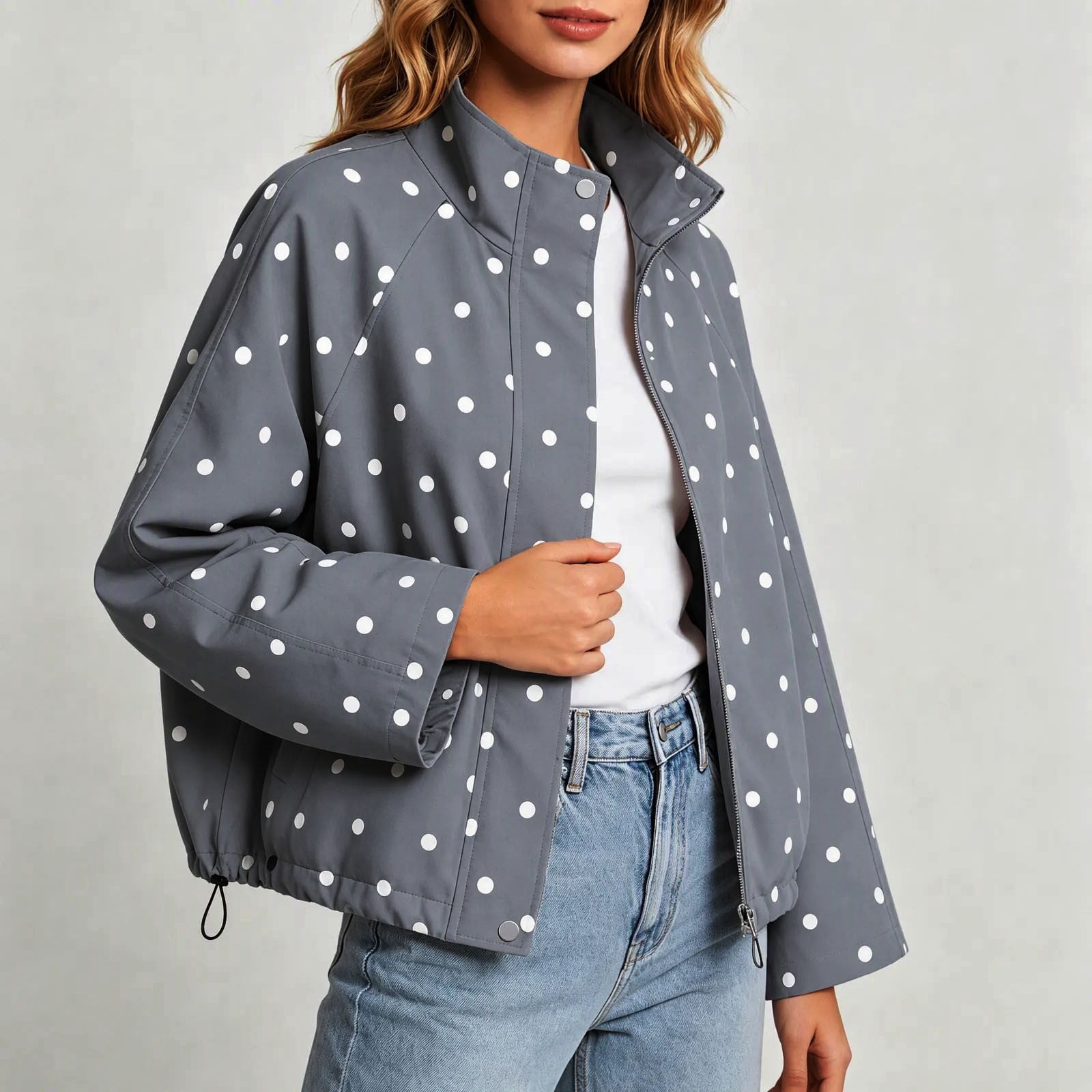 Oiangi Womens Polka Dots Cropped Jackets Casual Zip Up Stand Color ...