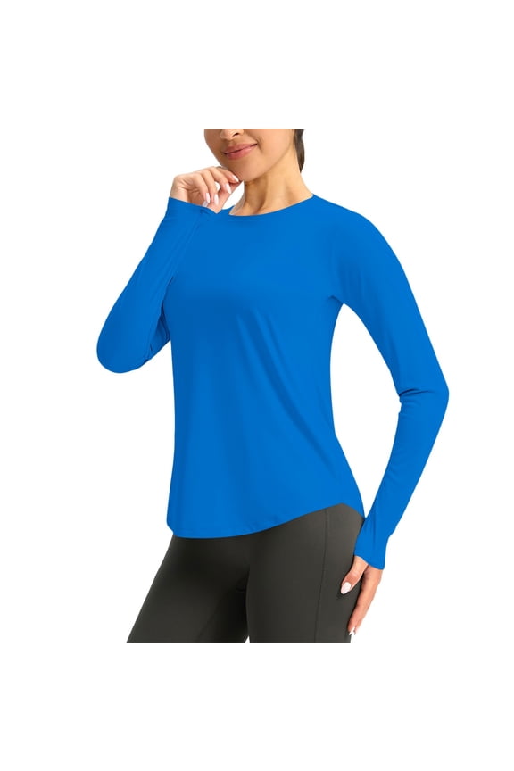 Womens Rash Guard UPF 50+ Sun Protection Long Sleeve Shirts Crew Neck Workout Tops with Thumb Holes Blue XL