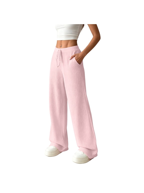 Womens Ribbed Knit Pants Elastic Waist Drawstring Drape Pant Fall Casual Loose Soft Trousers with Pockets Pink M