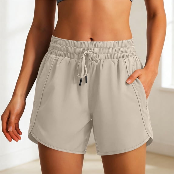 Oiangi Womens Running Shorts Quick Dry Workout Shorts Elastic Waist Lightweight Boxers with Zipper Pockets Khaki L