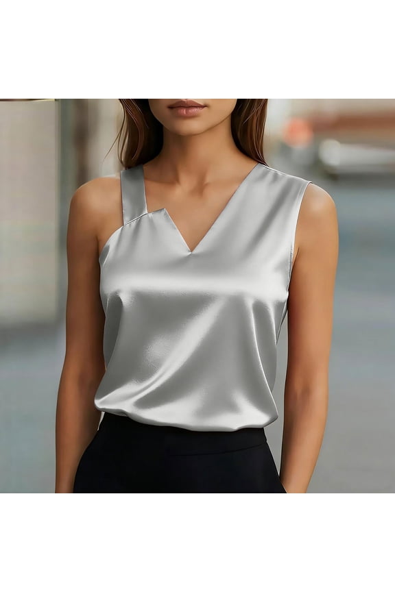 Womens Satin Dressy Tank Tops V Neck Stylish Silk Sleeveless Blouses Summer Casual Elegant Tanks for Party Gray L