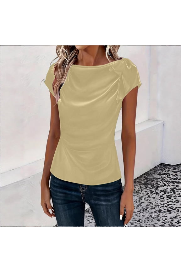 Womens Satin Short Sleeve Tops Knot Boat Neck Draped Front Shirts Ruched Fitted Elegant Top Beige L