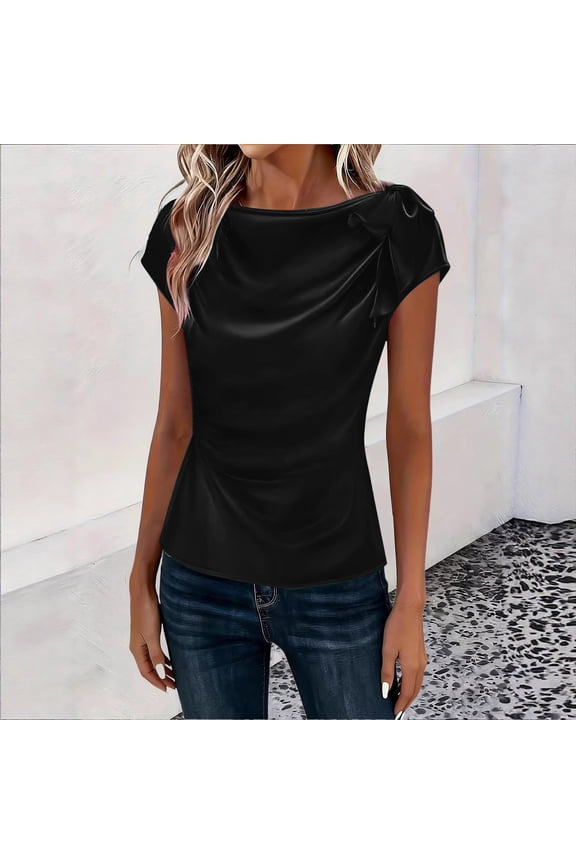 Womens Satin Short Sleeve Tops Knot Boat Neck Draped Front Shirts Ruched Fitted Elegant Top Black S