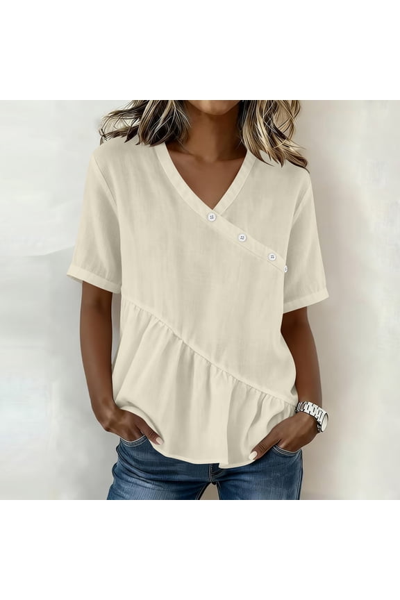 Womens Short Sleeve Tops Cotton Linen V Neck Blouses Casual Button Ruffled Going Out Shirts Beige L
