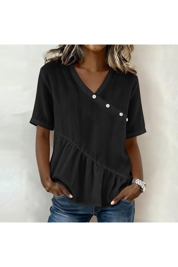 Womens Short Sleeve Tops Cotton Linen V Neck Blouses Casual Button Ruffled Going Out Shirts Black XL