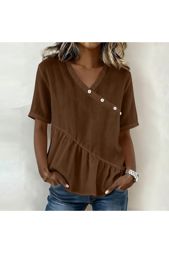 Womens Short Sleeve Tops Cotton Linen V Neck Blouses Casual Button Ruffled Going Out Shirts Brown L