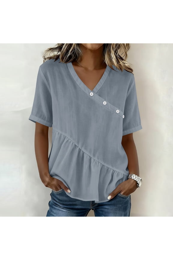 Womens Short Sleeve Tops Cotton Linen V Neck Blouses Casual Button Ruffled Going Out Shirts Gray L