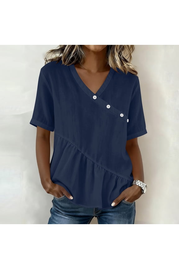 Womens Short Sleeve Tops Cotton Linen V Neck Blouses Casual Button Ruffled Going Out Shirts Navy S