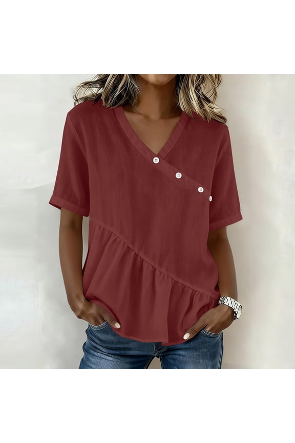 Womens Short Sleeve Tops Cotton Linen V Neck Blouses Casual Button Ruffled Going Out Shirts Red M