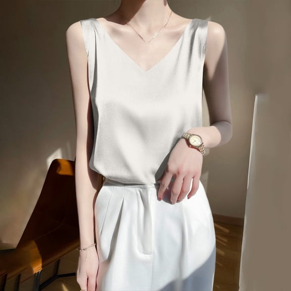 Oiangi Womens Silk Satin Tank Tops V Neck Dressy Sleeveless Shirts Casual Open Back Tanks with Double Straps White M