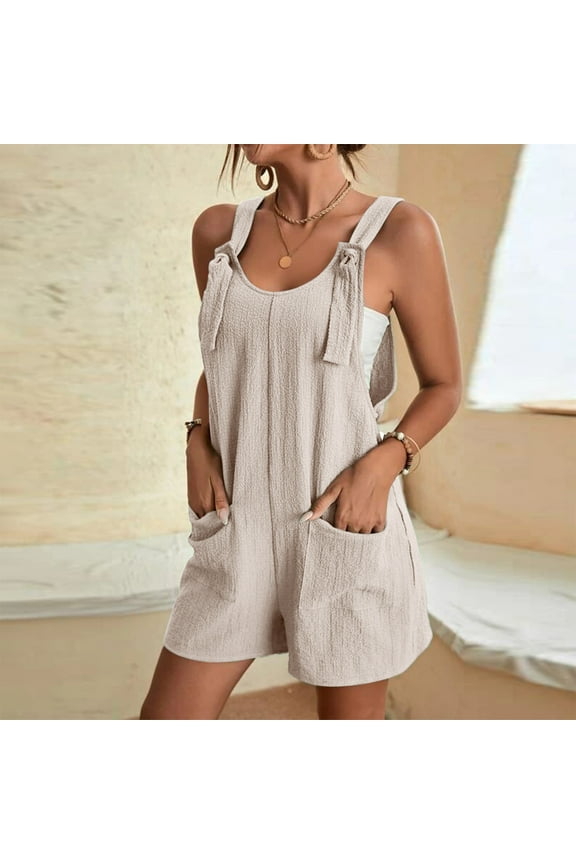Womens Sleeveless Jumpsuits Adjustable Strap Rompers Casual Boho Pockets Overalls Jumpers for Summer Beach Beige S