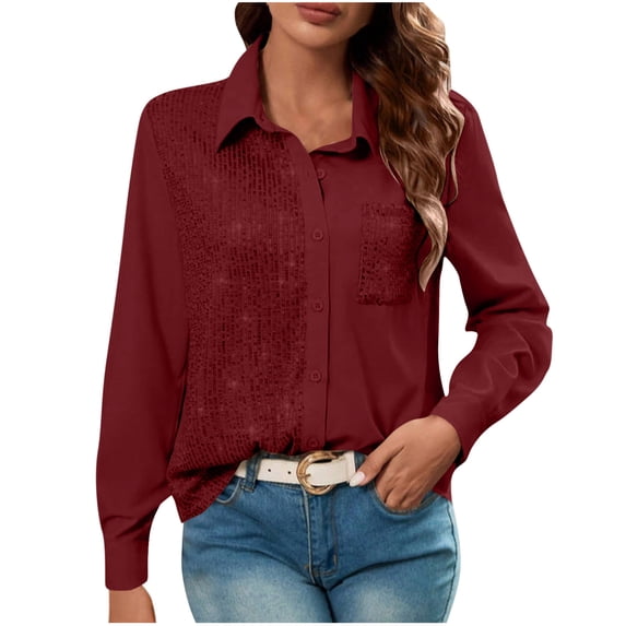 Oiangi Womens Sparkly Sequin Patchwork Shirt Western Cowgirl Long Sleeve Button Down Shirts for Country Concert,Music Festival Wine S