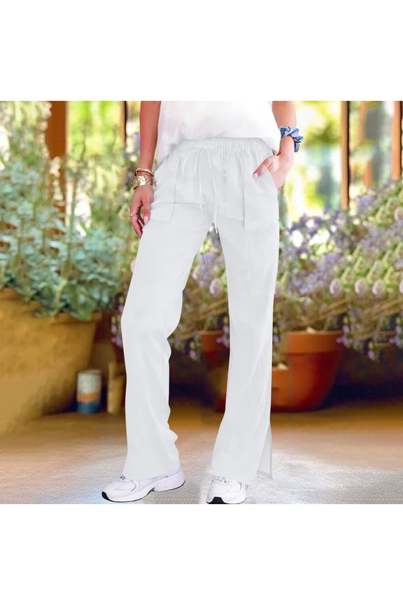 Womens Straight Leg Pants Cotton Linen Elastic Waist Trousers Causal Split Hem Pants with Pockets White S