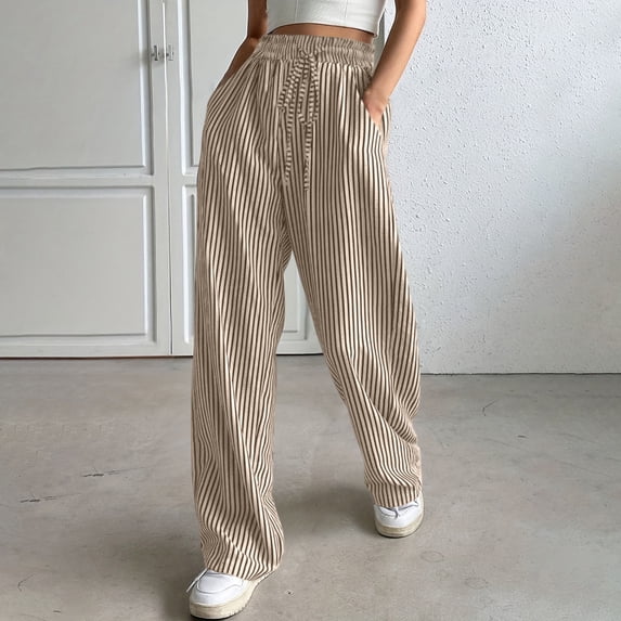 Oiangi Womens Striped Wide Leg Pants Elastic Waist Drawstring Pant Casual Lightweight Pockets Trousers for Fall Brown L