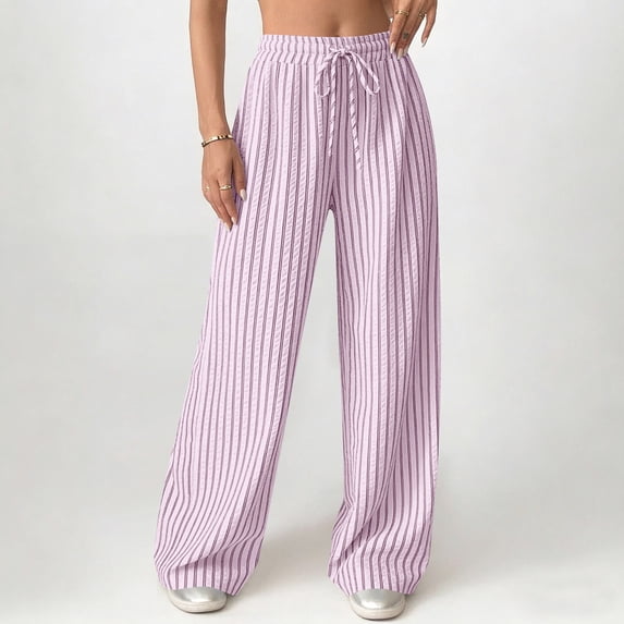 Oiangi Womens Striped Wide Leg Pants Elastic Waist Drawstring Pant Casual Lightweight Pockets Trousers for Fall Pink XL