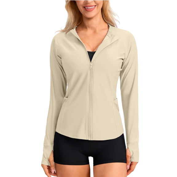 Oiangi Womens Sun Protection Athletic Jacket Long Sleeve Pockets Shirts Zip Up Fishing Hiking Tops with Thumb Hole Beige XL
