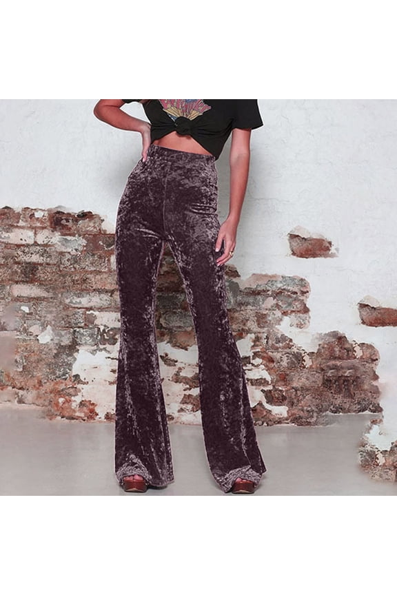 Womens Velvet Pants High Waist Flared Trousers Trendy Party Club Bootcut Pant Brown S
