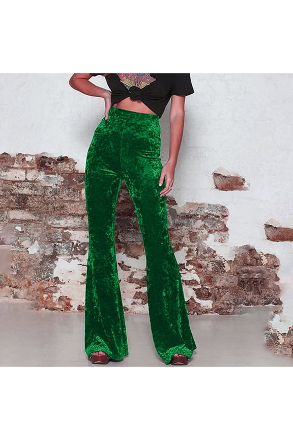 Womens Velvet Pants High Waist Flared Trousers Trendy Party Club Bootcut Pant Green 2XL