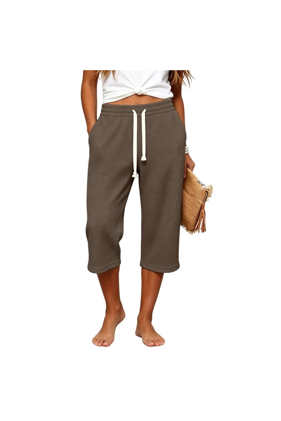 Womens Waffle Knit Capri Pants Elastic Waist Drawstring Beach Pant Casual Loose Pockets Capri Trousers for Vacation Coffee XL