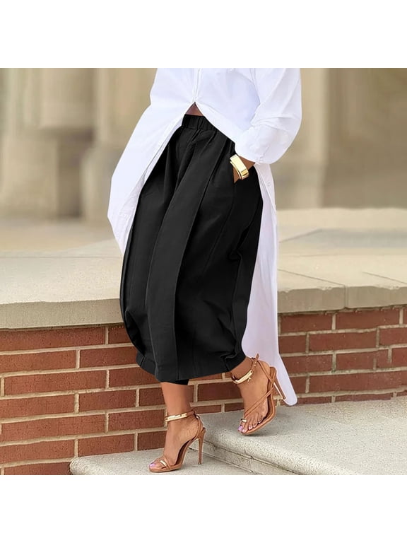 Womens Wide Leg Barrel Pants Elastic Waist Pleated Baggy Pant Fall Trendy Dressy Ankle Trousers with Pockets Black 2XL
