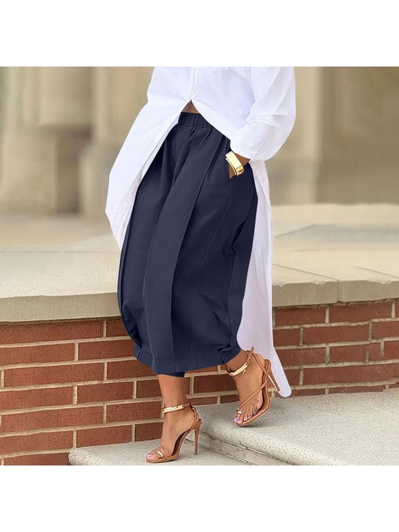 Womens Wide Leg Barrel Pants Elastic Waist Pleated Baggy Pant Fall Trendy Dressy Ankle Trousers with Pockets Navy L