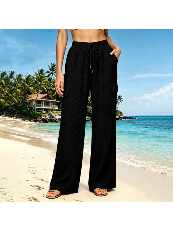 Womens Wide Leg Beach Pants with Cargo Pockets Elastic Waist Drawstring Palazzo Pant Fall Casual Ruched Travel Trousers Black 2XL