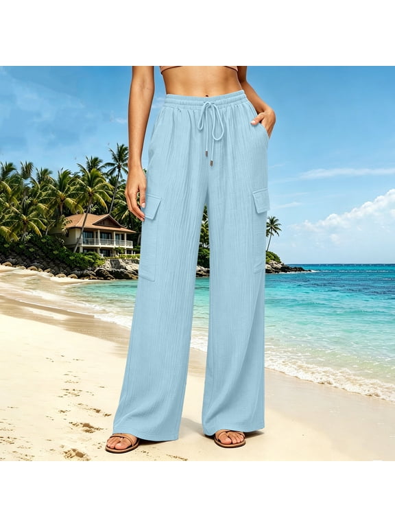 Womens Wide Leg Beach Pants with Cargo Pockets Elastic Waist Drawstring Palazzo Pant Fall Casual Ruched Travel Trousers Light Blue S