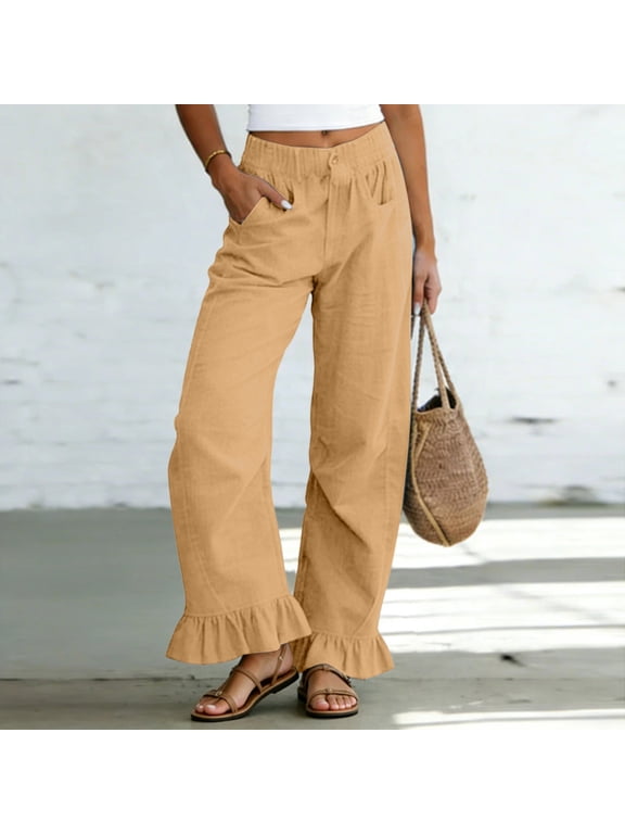 Womens Wide Leg Pants Elastic Waist Cotton Linen Trousers Ruffled Hem Smocked Pant with Pockets Khaki S