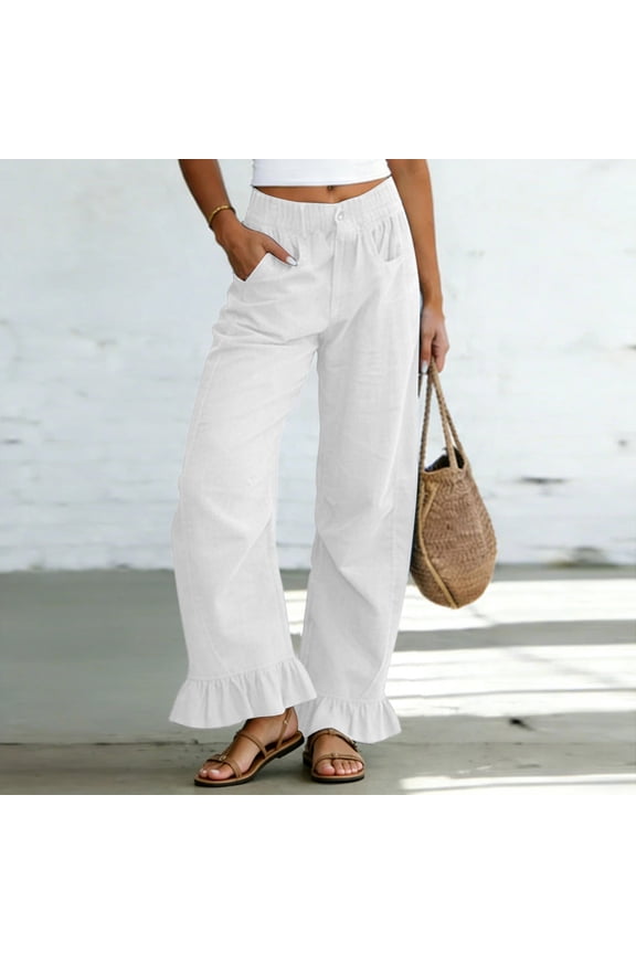 Womens Wide Leg Pants Elastic Waist Cotton Linen Trousers Ruffled Hem Smocked Pant with Pockets White M
