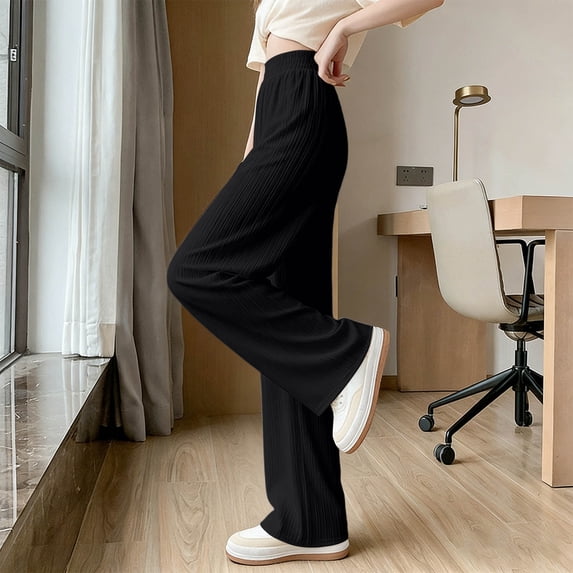 Oiangi Womens Wide Leg Pants Elastic Waist Ribbed Flowy Palazzo Pants Summer Casual Lightweight Pant Black S