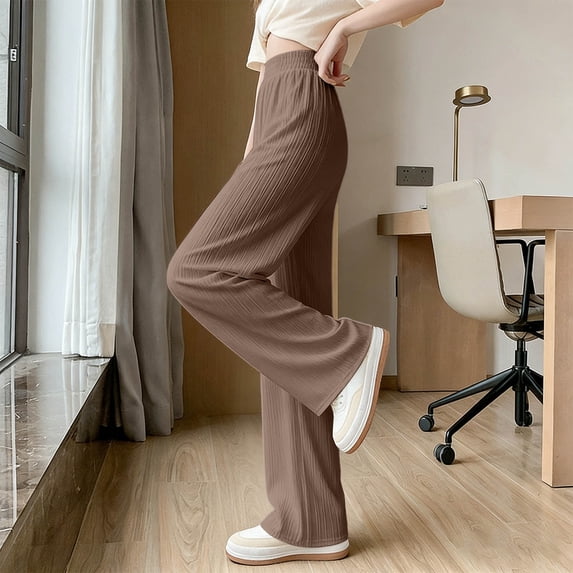 Oiangi Womens Wide Leg Pants Elastic Waist Ribbed Flowy Palazzo Pants Summer Casual Lightweight Pant Khaki M