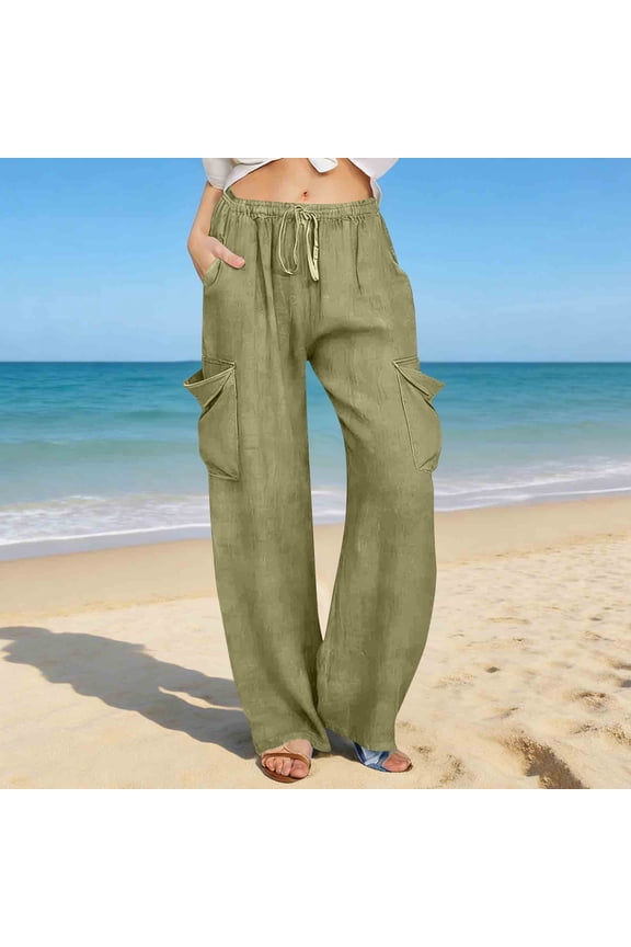 Womens Wide Leg Pants Faux Jeans Elastic Waist Drawstring Cargo Pant Casual Loose Big Pockets Trousers Green L