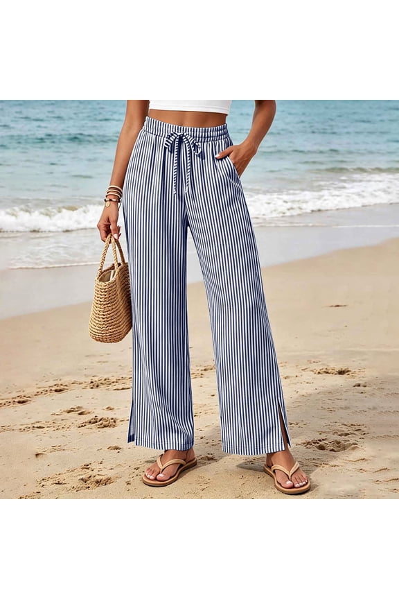 Womens Wide Leg Pants Striped Elastic Waist Drawstring Pant Fall Casual Split Hem Beach Trousers with Pockets Navy 2XL