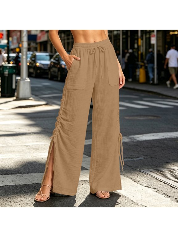 Womens Wide Leg Split Pants Elastic Waist Drawstring Palazzo Pant Ruched Bottoms Fall Beach Trousers with Pocekts Khaki S