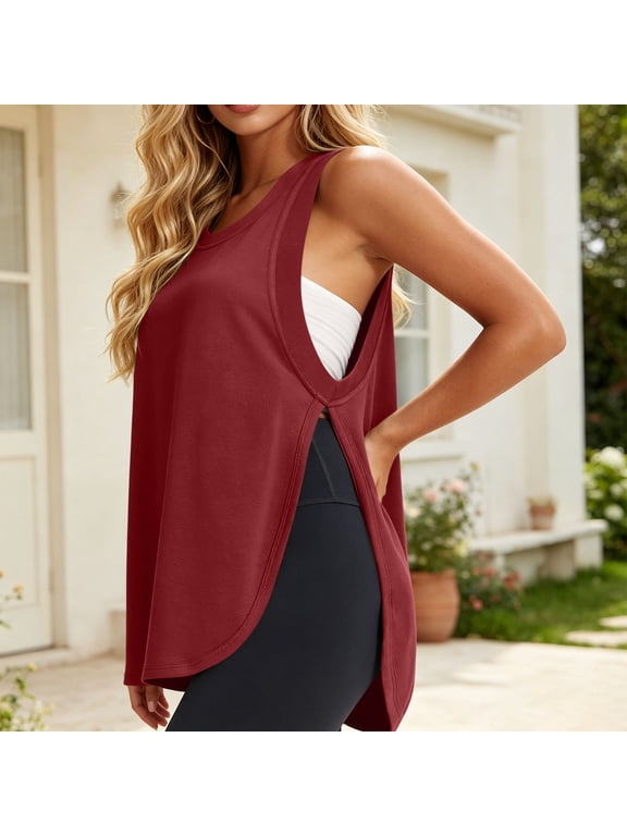 Womens Workout Tank Tops Crew Neck Split Side Sleeveless Blouses Curved Athletic Tank Shirts Wine XL