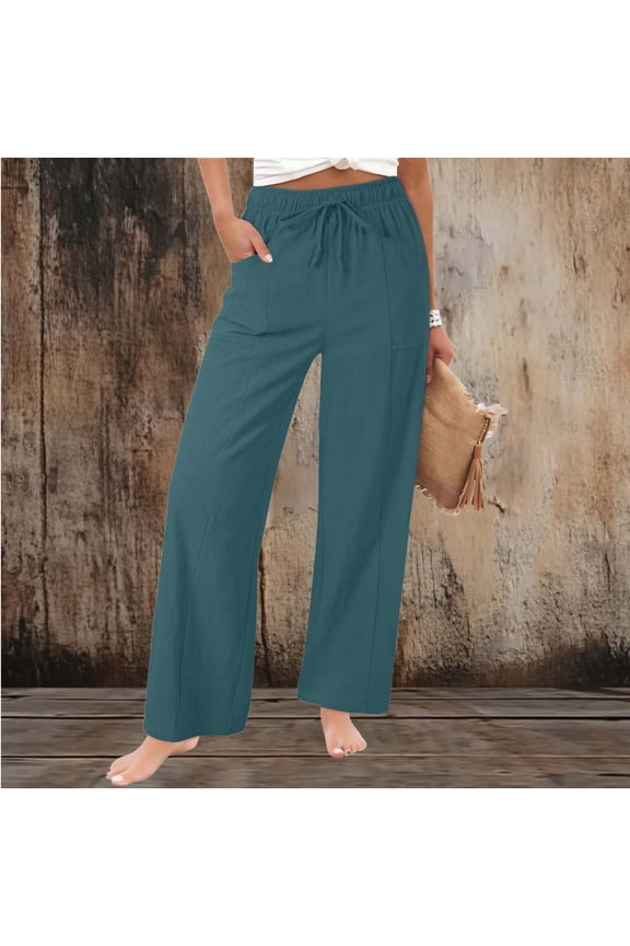 Womens's Cotton Linen Wide Leg Pants Elastic Waist Drawstring Beach Pant Fall Lightweight Plain Travel Trousers with Pockets Mint Green L