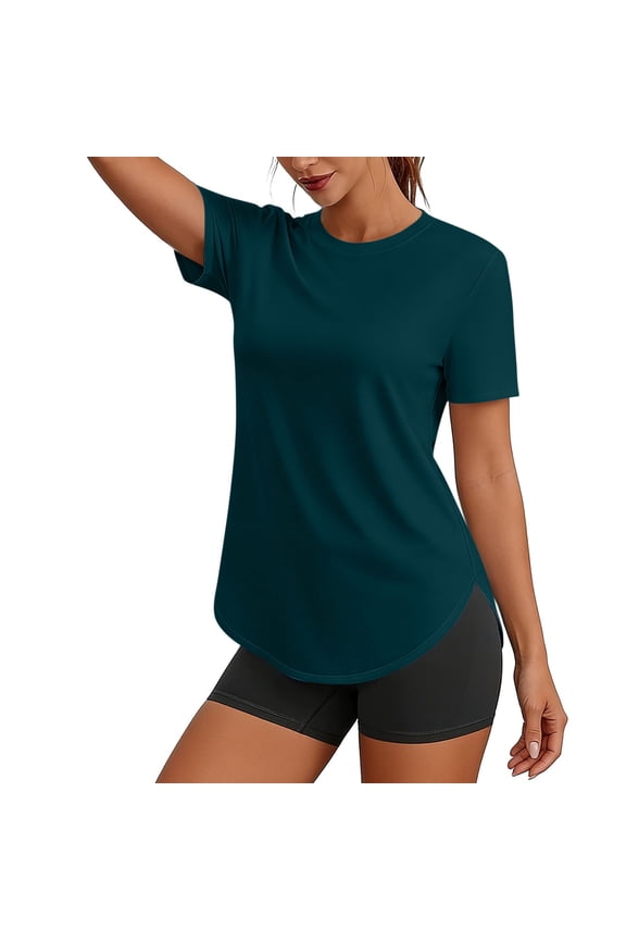 Workout Tops for Women Short Sleeve Crew Neck Tunic Tees Curved Hem Summer Athletic Tshirts Dark Blue S