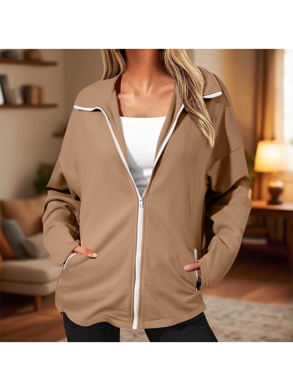 Zip Up Hoodie Jackets for Women No Hood Lightweight Workout Sweatshirts Fall Winter Loose Basic Tops with Pockets Brown L