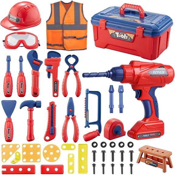 Oiduwi Kids Tool Set, 49PCS Toddler Tool Set with Electronic Toy Drill,Tape Measure 12 Tool Equipment,Pretend Play Construction Costume with Safety Vest Hat,Toy Tool Box for Kids Boy Girl Age 3-8