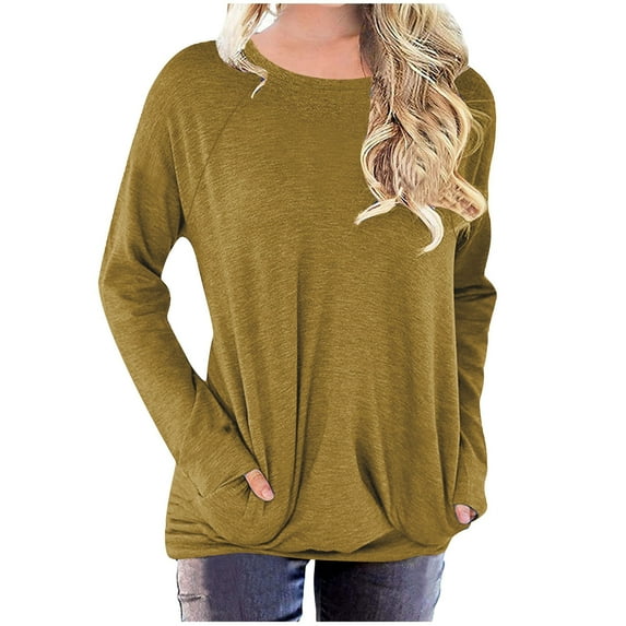Diufon Tops for Women Fall Thin Solid Color Long Sleeve Round Neck Pullover Shirts with Pocket